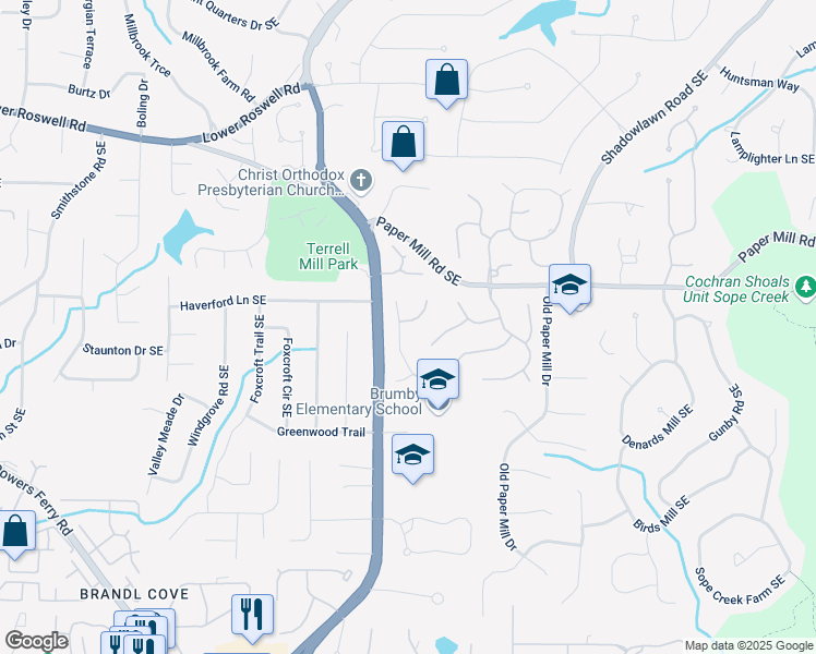 map of restaurants, bars, coffee shops, grocery stores, and more near 3265 Belmont Glen Drive Southeast in Marietta