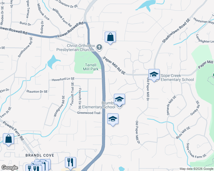 map of restaurants, bars, coffee shops, grocery stores, and more near 3262 Belmont Glen Drive Southeast in Marietta