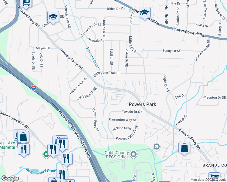 map of restaurants, bars, coffee shops, grocery stores, and more near 473 Salem Woods Drive Southeast in Marietta