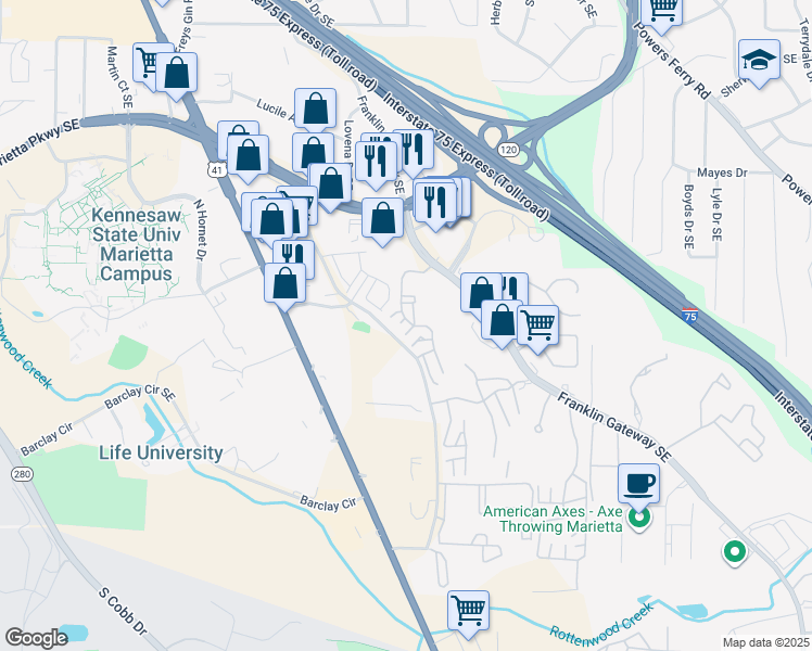 map of restaurants, bars, coffee shops, grocery stores, and more near 701 Augusta Drive in Marietta