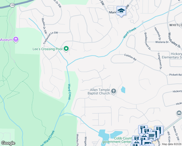 map of restaurants, bars, coffee shops, grocery stores, and more near 998 Chestnut Hill Road Southwest in Marietta