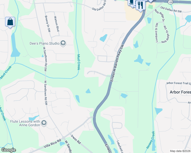 map of restaurants, bars, coffee shops, grocery stores, and more near 2725 Bolton Abbey Drive Southwest in Marietta