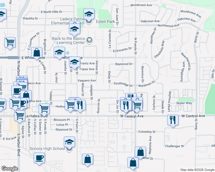 map of restaurants, bars, coffee shops, grocery stores, and more near 1011 Delay Street in Brea