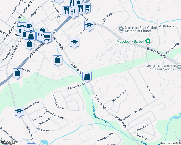 map of restaurants, bars, coffee shops, grocery stores, and more near 5571 Everglades Trail in Norcross