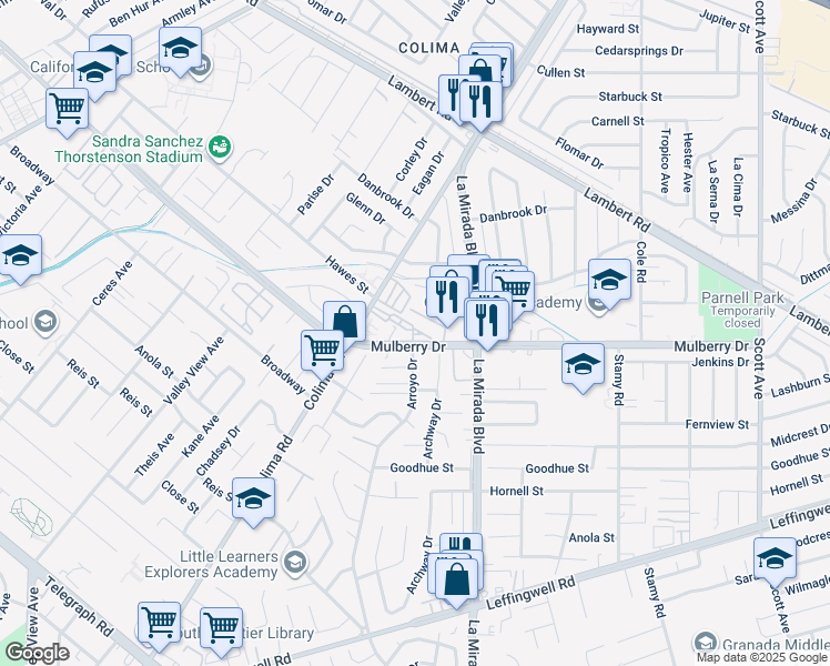map of restaurants, bars, coffee shops, grocery stores, and more near 14863 Mulberry Drive in Whittier