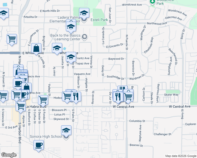 map of restaurants, bars, coffee shops, grocery stores, and more near 470 Verona Street in La Habra