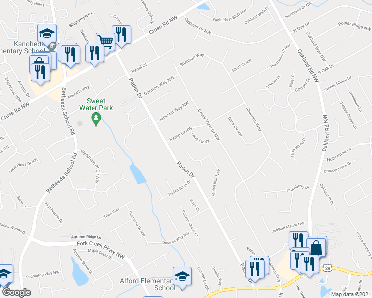 map of restaurants, bars, coffee shops, grocery stores, and more near 710 Paden Mill Trail in Lawrenceville