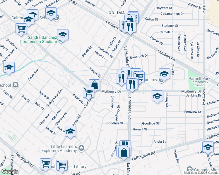 map of restaurants, bars, coffee shops, grocery stores, and more near 14855 Mulberry Drive in Whittier
