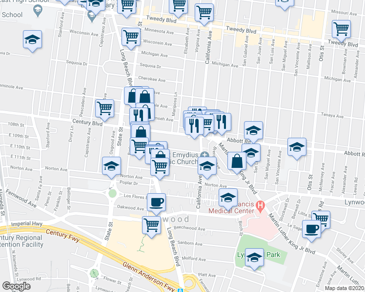 map of restaurants, bars, coffee shops, grocery stores, and more near 3391 Alma Avenue in Lynwood