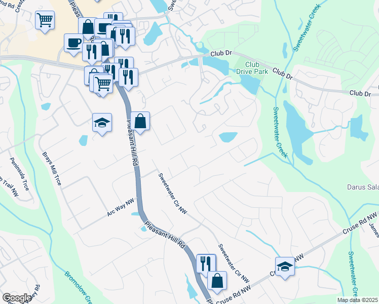map of restaurants, bars, coffee shops, grocery stores, and more near 3546 Mount Vernon Court Northwest in Lawrenceville