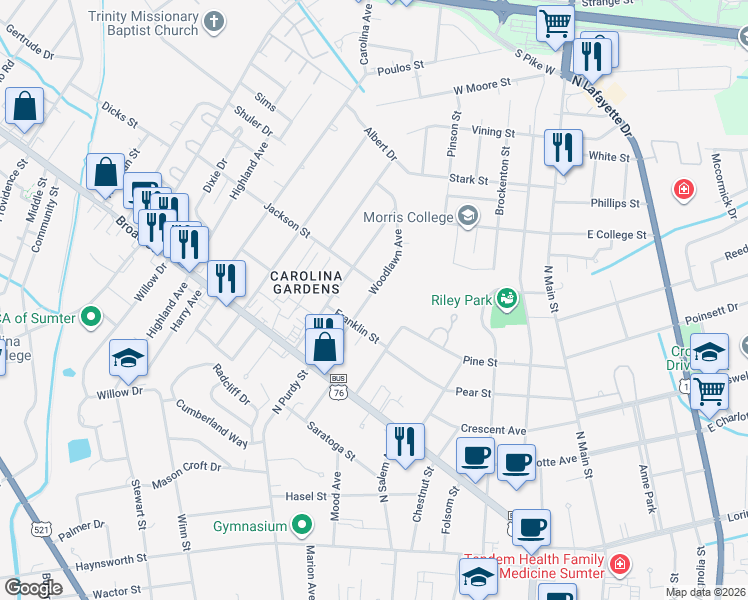 map of restaurants, bars, coffee shops, grocery stores, and more near 121 Woodlawn Avenue in Sumter