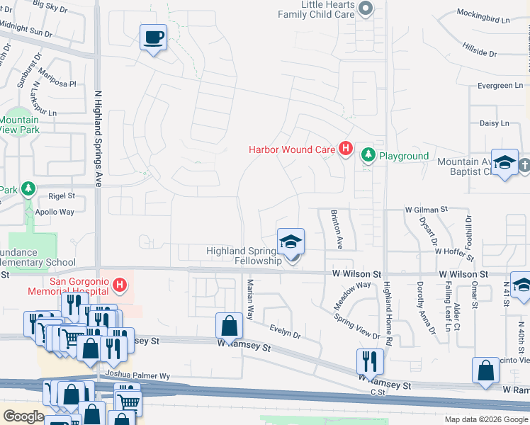 map of restaurants, bars, coffee shops, grocery stores, and more near Topaz Lane in Banning