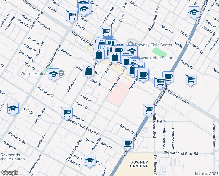 map of restaurants, bars, coffee shops, grocery stores, and more near 11525 Brookshire Avenue in Downey