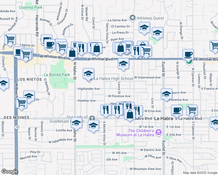 map of restaurants, bars, coffee shops, grocery stores, and more near 501 Willow Street in La Habra