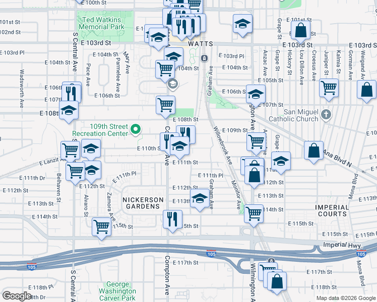 map of restaurants, bars, coffee shops, grocery stores, and more near 1644 East 110th Street in Los Angeles