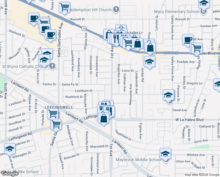map of restaurants, bars, coffee shops, grocery stores, and more near 10813 1st Avenue in Whittier