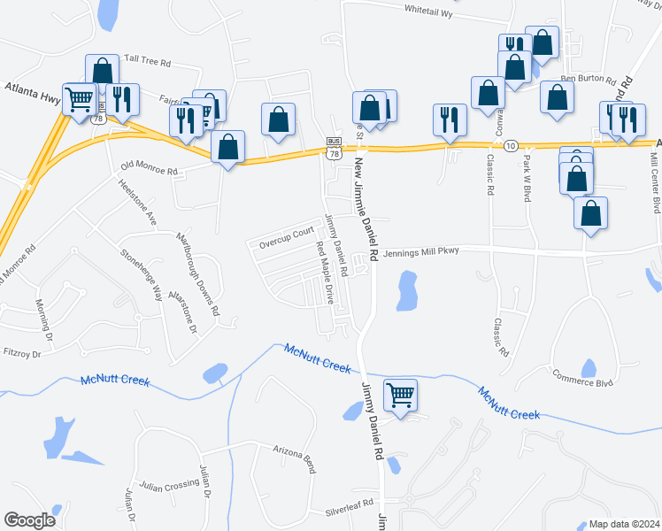 map of restaurants, bars, coffee shops, grocery stores, and more near 127 Red Maple Drive in Bogart