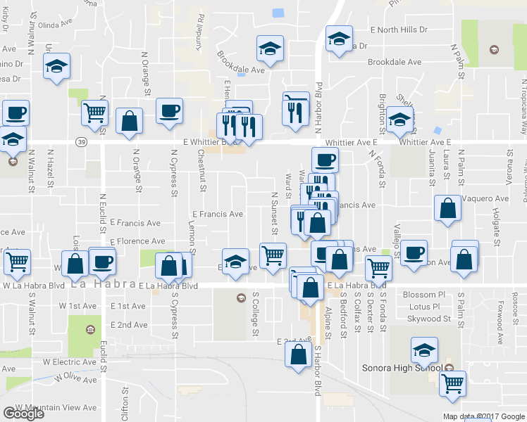 map of restaurants, bars, coffee shops, grocery stores, and more near 902 East Francis Avenue in La Habra