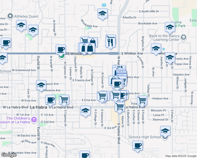 map of restaurants, bars, coffee shops, grocery stores, and more near 902 East Francis Avenue in La Habra