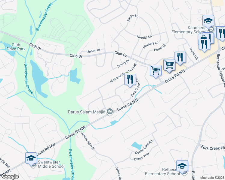 map of restaurants, bars, coffee shops, grocery stores, and more near 1241 Park Creek Circle in Lawrenceville