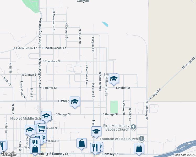 map of restaurants, bars, coffee shops, grocery stores, and more near North Almond Way in Banning