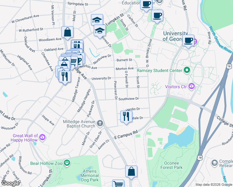 map of restaurants, bars, coffee shops, grocery stores, and more near 595 Pinecrest Drive in Athens