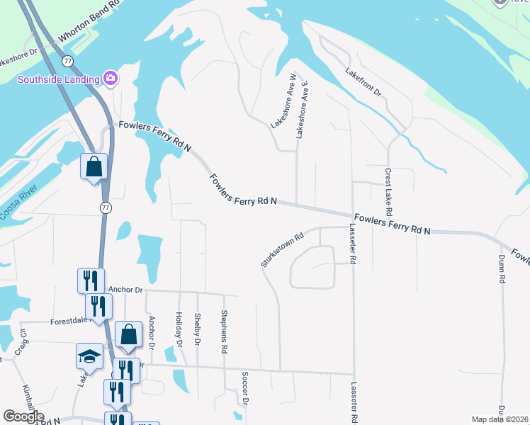 map of restaurants, bars, coffee shops, grocery stores, and more near 3441 Fowlers Ferry Road North in Gadsden