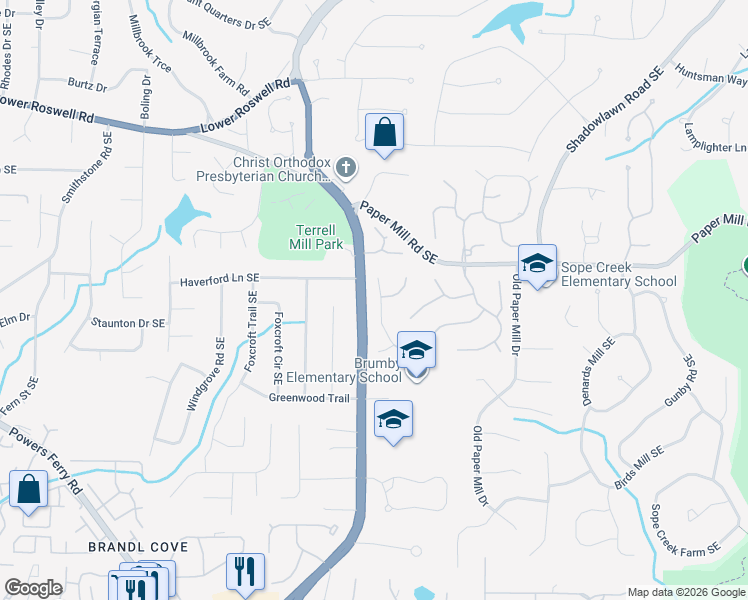 map of restaurants, bars, coffee shops, grocery stores, and more near 3262 Belmont Glen Drive Southeast in Marietta
