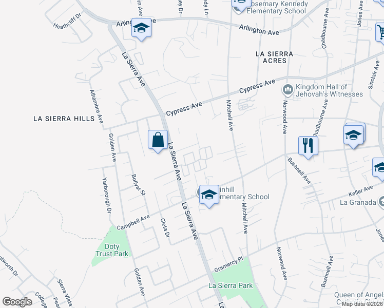 map of restaurants, bars, coffee shops, grocery stores, and more near 11014 Via del Corso in Riverside