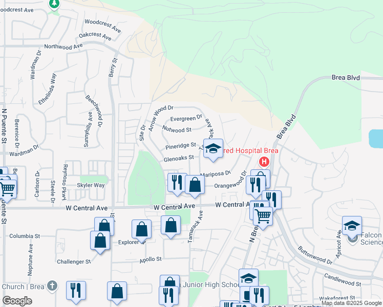 map of restaurants, bars, coffee shops, grocery stores, and more near 351 Glenoaks Street in Brea