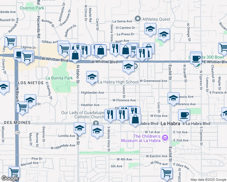 map of restaurants, bars, coffee shops, grocery stores, and more near 501 Willow Street in La Habra