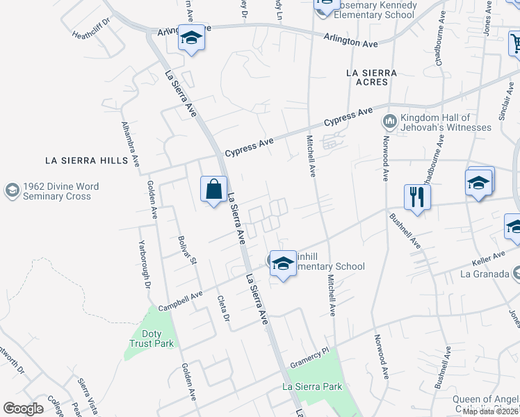map of restaurants, bars, coffee shops, grocery stores, and more near 11014 Via del Corso in Riverside