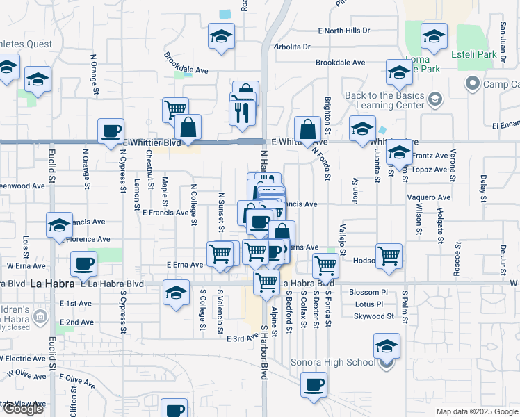 map of restaurants, bars, coffee shops, grocery stores, and more near in La Habra