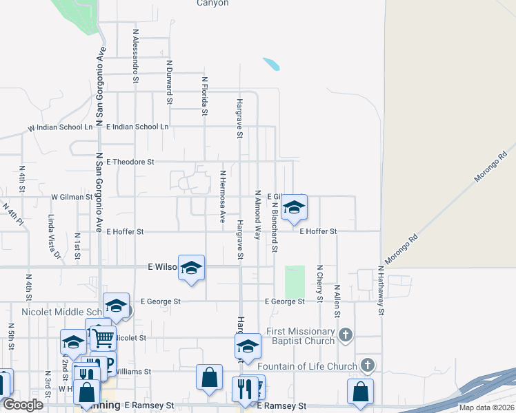 map of restaurants, bars, coffee shops, grocery stores, and more near North Almond Way in Banning