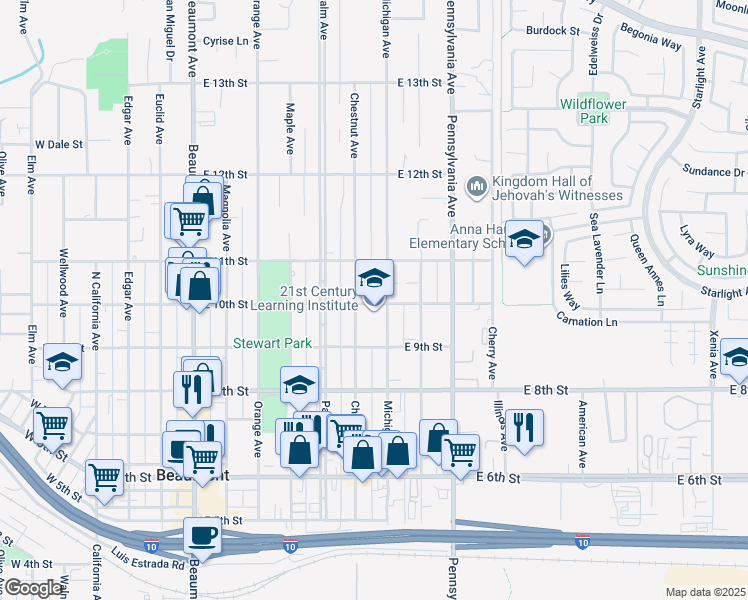 map of restaurants, bars, coffee shops, grocery stores, and more near 952 East 10th Street in Beaumont