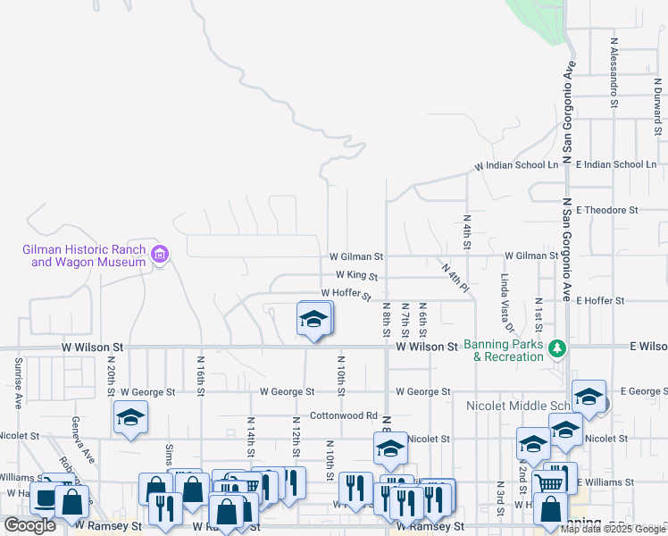 map of restaurants, bars, coffee shops, grocery stores, and more near 1033 West King Street in Banning