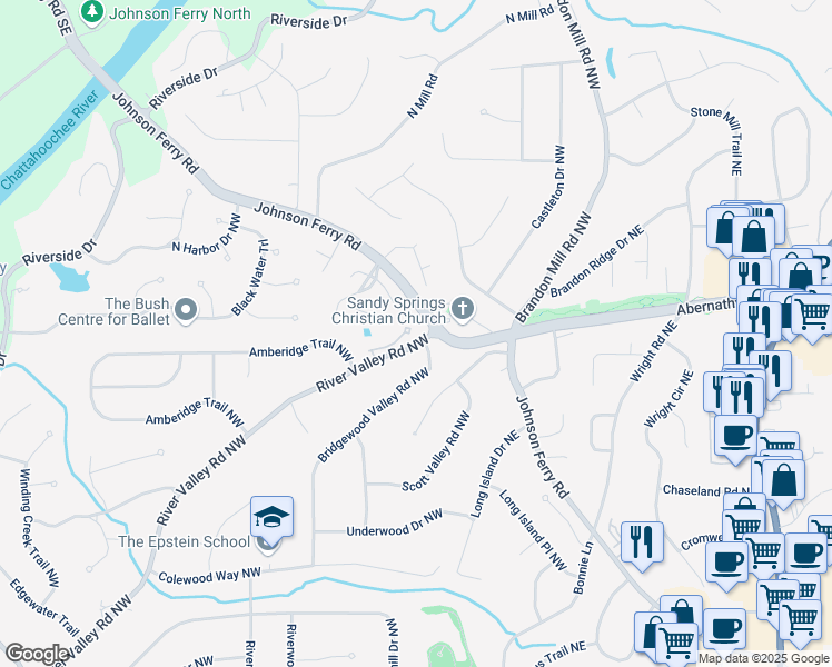 map of restaurants, bars, coffee shops, grocery stores, and more near 200 River Valley Ct in Atlanta