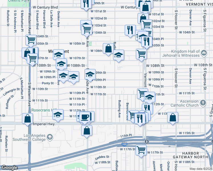 map of restaurants, bars, coffee shops, grocery stores, and more near 1233 West 110th Street in Los Angeles