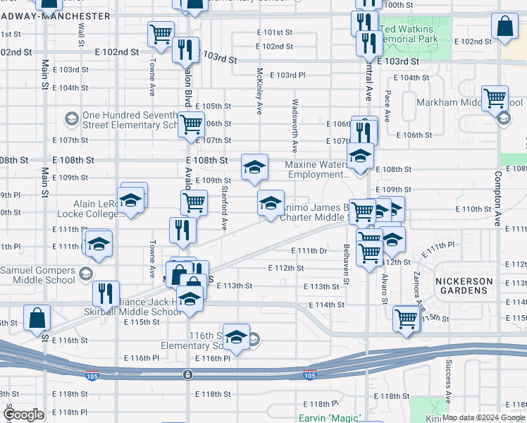 map of restaurants, bars, coffee shops, grocery stores, and more near 10976 McKinley Avenue in Los Angeles