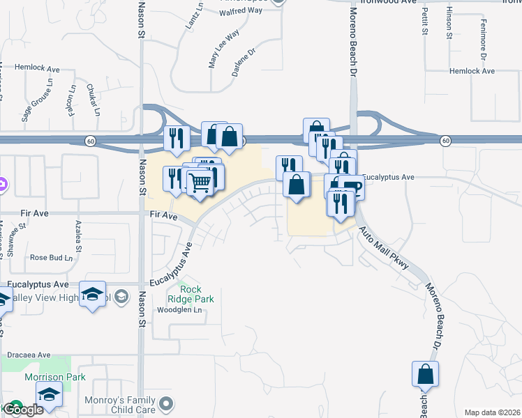 map of restaurants, bars, coffee shops, grocery stores, and more near 27384 Red Rock Road in Moreno Valley