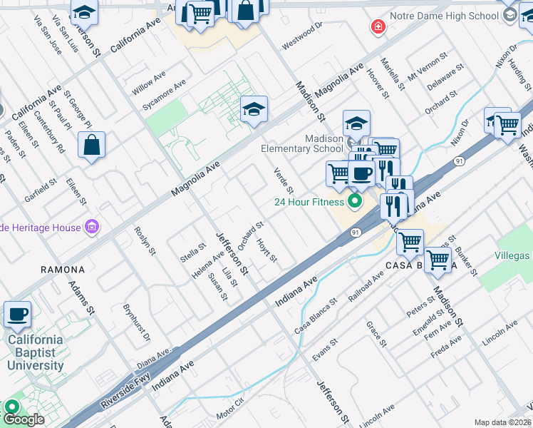 map of restaurants, bars, coffee shops, grocery stores, and more near 3628 Lillian Street in Riverside