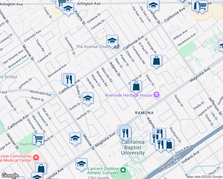 map of restaurants, bars, coffee shops, grocery stores, and more near 4046 Mescale Road in Riverside