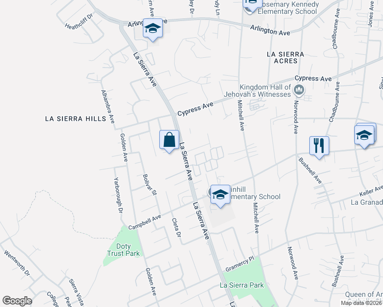 map of restaurants, bars, coffee shops, grocery stores, and more near 11039 Sierra Tree Lane in Riverside