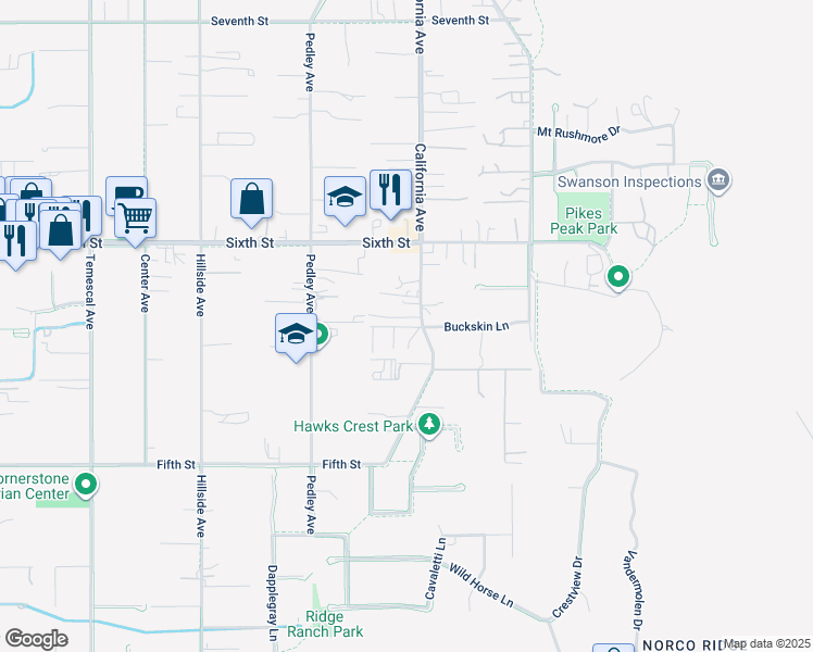 map of restaurants, bars, coffee shops, grocery stores, and more near 291 Buckskin Lane in Norco