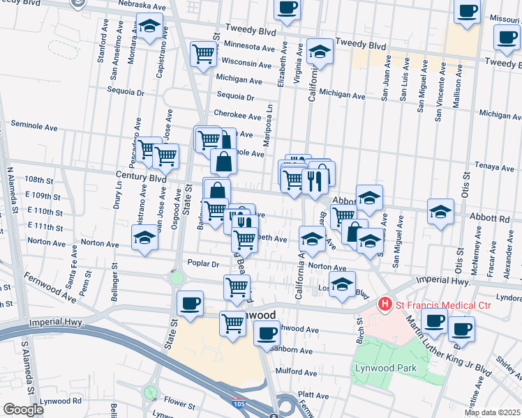 map of restaurants, bars, coffee shops, grocery stores, and more near 3382 Martin Luther King Junior Boulevard in Lynwood