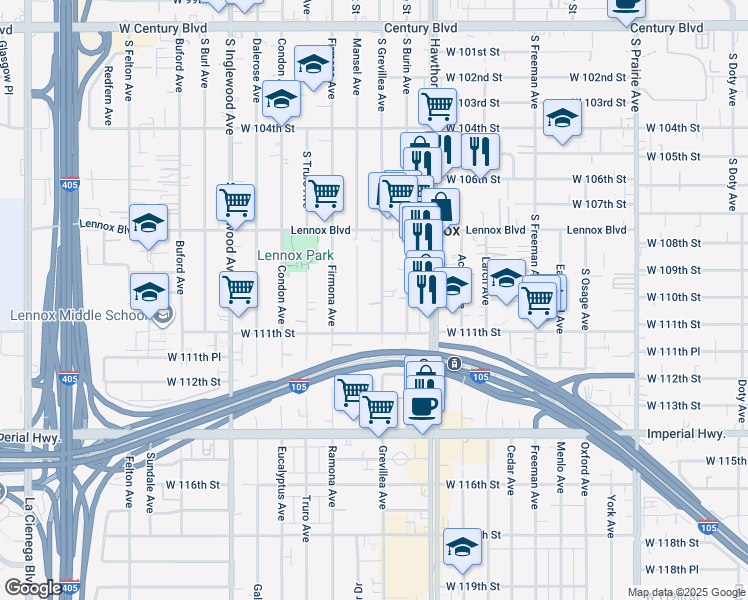 map of restaurants, bars, coffee shops, grocery stores, and more near 10934 South Grevillea Avenue in Inglewood