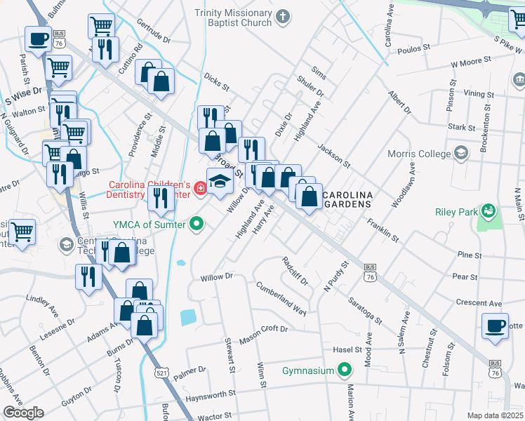 map of restaurants, bars, coffee shops, grocery stores, and more near 62 Highland Avenue in Sumter