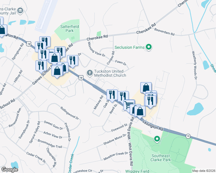 map of restaurants, bars, coffee shops, grocery stores, and more near 4315 Lexington Road in Athens