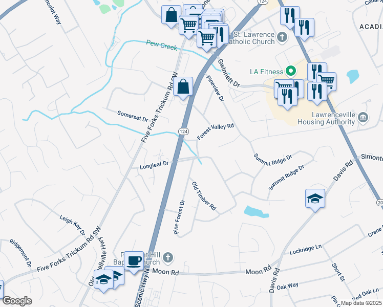 map of restaurants, bars, coffee shops, grocery stores, and more near 185 Maple Wood Drive in Lawrenceville