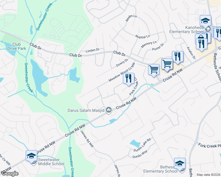 map of restaurants, bars, coffee shops, grocery stores, and more near 1241 Park Creek Circle in Lawrenceville
